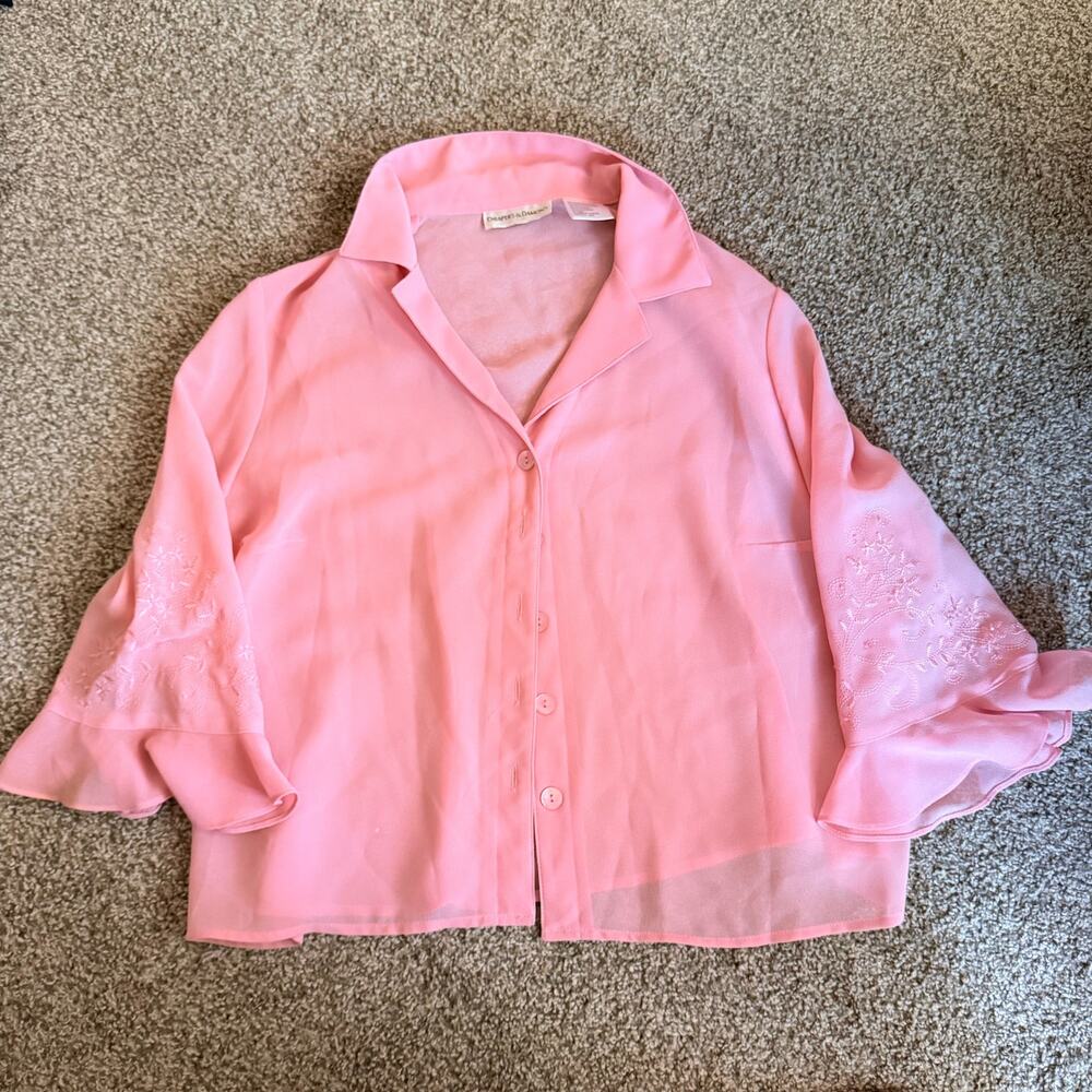 Pink Draper's and Damon's Embroidered Floral Ruffle Blouse Size 16 Petite